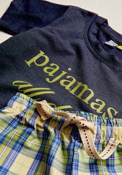 Navy Printed Jersey Tee With Blue And Green Checked Pajamas Night Wear Set