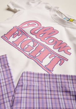 White Jersey Printed Tee With Purple Checked Pajamas Night Wear Set