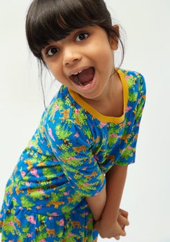 BLUE, YELLOW AND GREEN SAFARI PRINT FIT AND FLARED DRESS