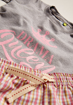 Grey Jersey Printed Tee With Pink Checked Pajamas Night Wear Set