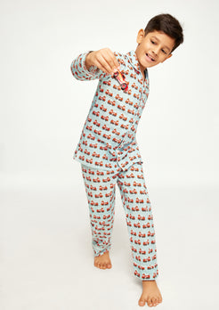 Flashy Firetruck Print Collared Night Wear Set