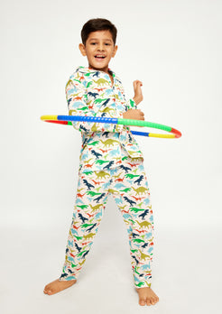 Dinosaur Dancers Print Collared Night Wear Set