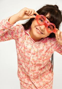 FLAMINGO FROLIC PRINT COLLARED NIGHT WEAR SET