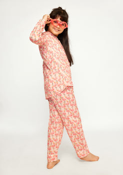 FLAMINGO FROLIC PRINT COLLARED NIGHT WEAR SET
