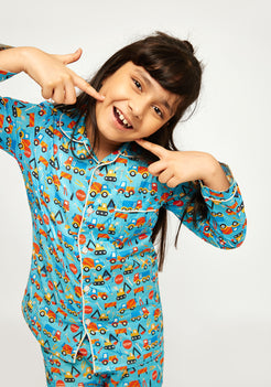 Construction Conversations Print Collared Night Wear Set