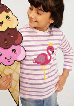 BABY PINK STRIPE WITH FLAMINGO PLACEMENT PRINT TEE