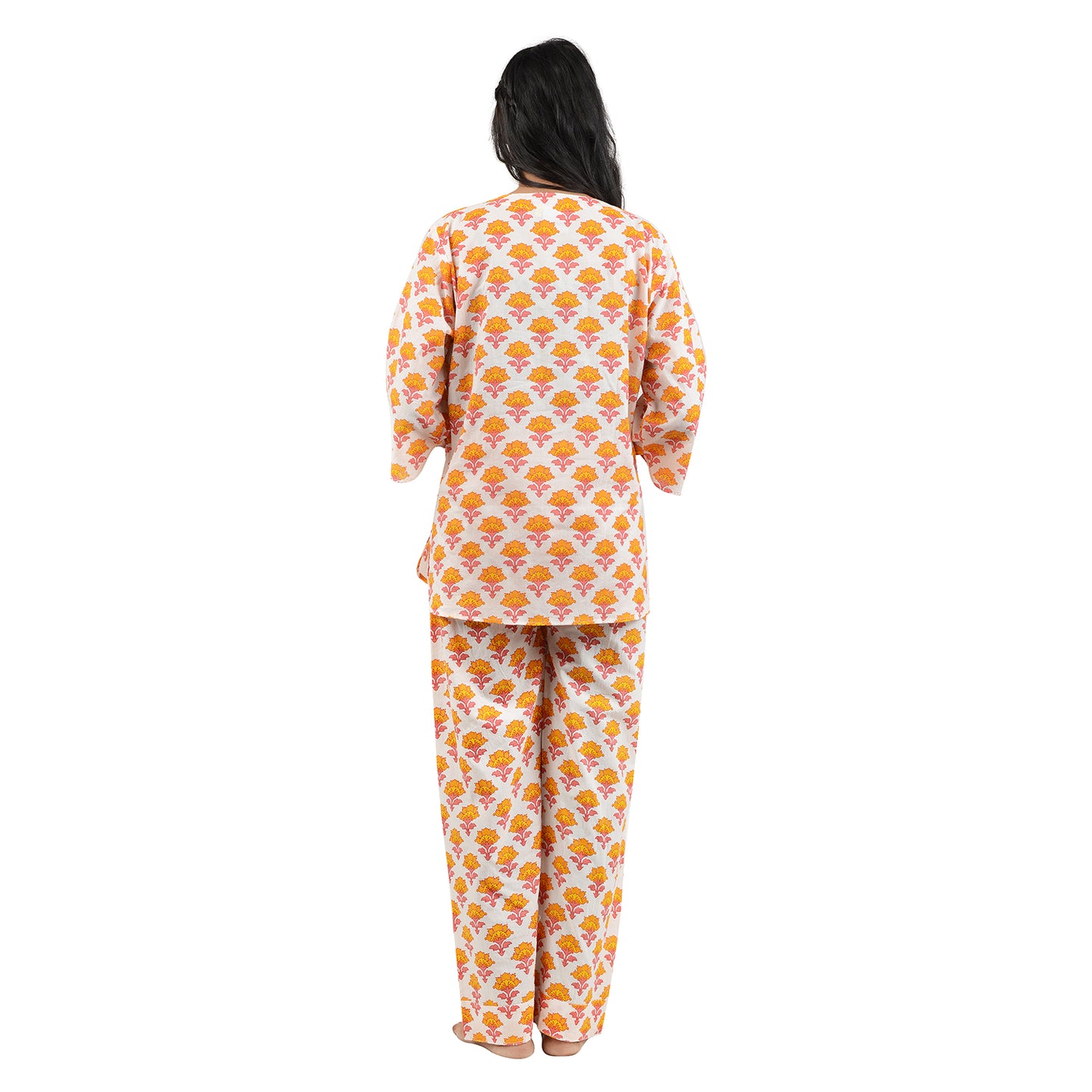 Tangerine Marigold Blossom Printed Pajama Set