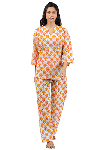 Tangerine Marigold Blossom Printed Pajama Set