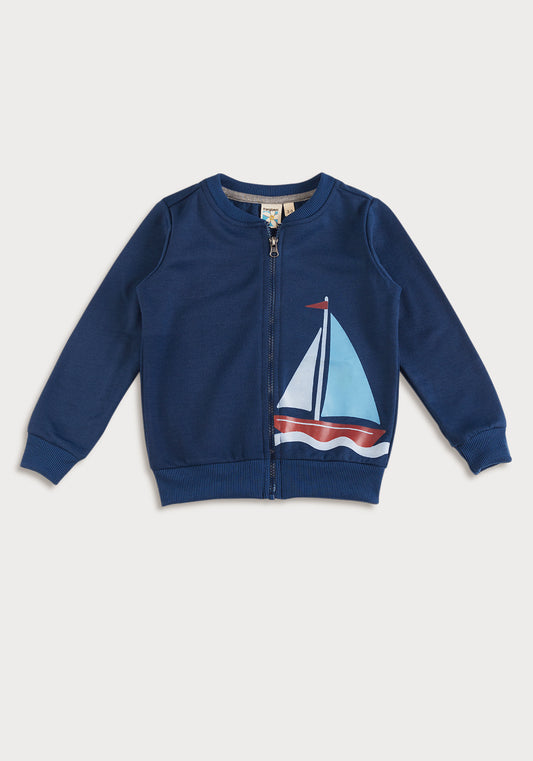 Blue Fleece Bomber Jacket with Boat Print