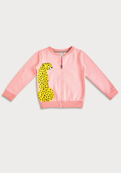 Baby Pink Fleece Bomber Jacket with Leopard Print