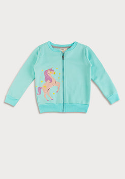 Aqua Fleece Bomber Jacket with Unicorn Print