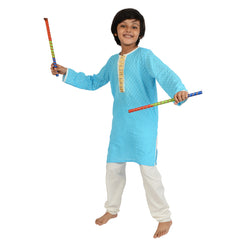 Azure Blue Motif Woven Cotton Kurta Set