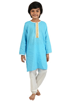 Azure Blue Motif Woven Cotton Kurta Set