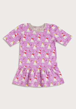 LILAC, WHITE AND RED POLAR BEAR PRINT FIT AND FLARED DRESS