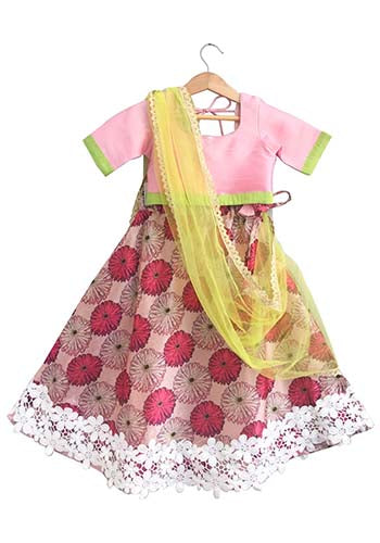 Carnation Bloom Pink Ghagra With Pink And Lime Silk Blouse