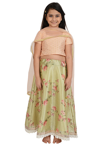 Aqua Floral Ghagra With Baby Pink Blouse Set For Girls
