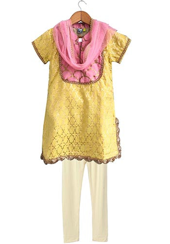 Yellow Chanderi Kurti With Pink Block Print Yoke