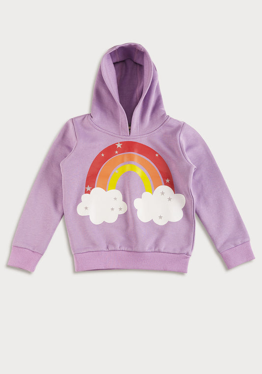 Lilac Fleece Hoodie with Rainbow Print