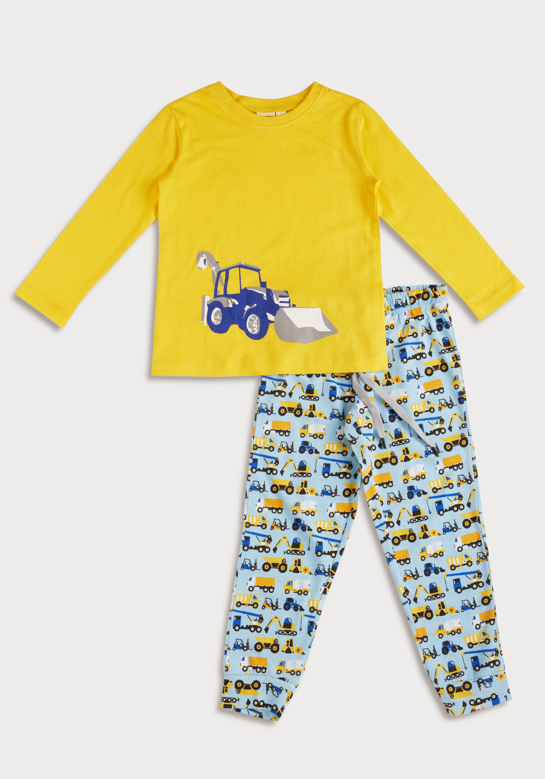 BLUE, BLACK AND YELLOW CONSTRUCTION PRINT Long sleeve tee plus pant in knit