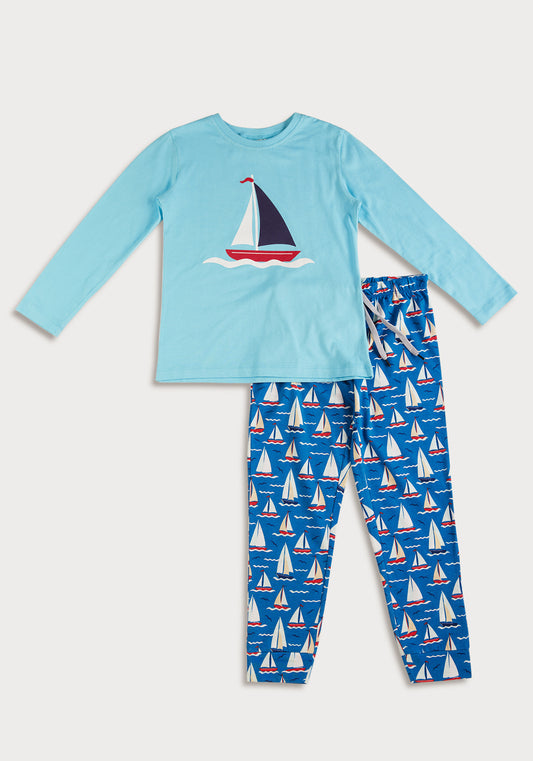 RED, BLUE AND WHITE BOAT PRINT Long sleeve tee plus pant in knit