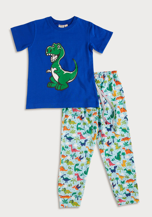 RED, BLUE AND GREEN DINOSAUR PRINT Short sleeve tee plus pant in knit