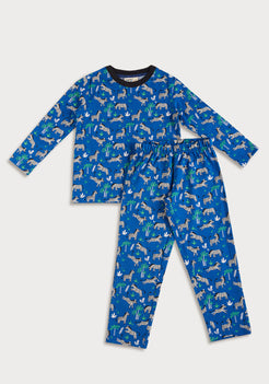 WHITE, BLACK AND BLUE ZEBRA PRINT LONG SLEEVE PAJAMA SET