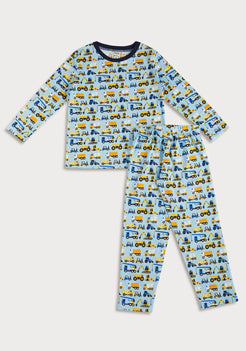 BLUE, YELLOW AND BLACK CONSTRUCTION PRINT LONG SLEEVE PAJAMA SET