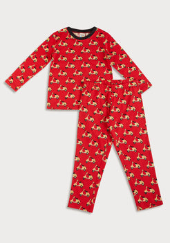 RED, YELLOW AND BLACK SCOOTER PRINT LONG SLEEVE PAJAMA SET