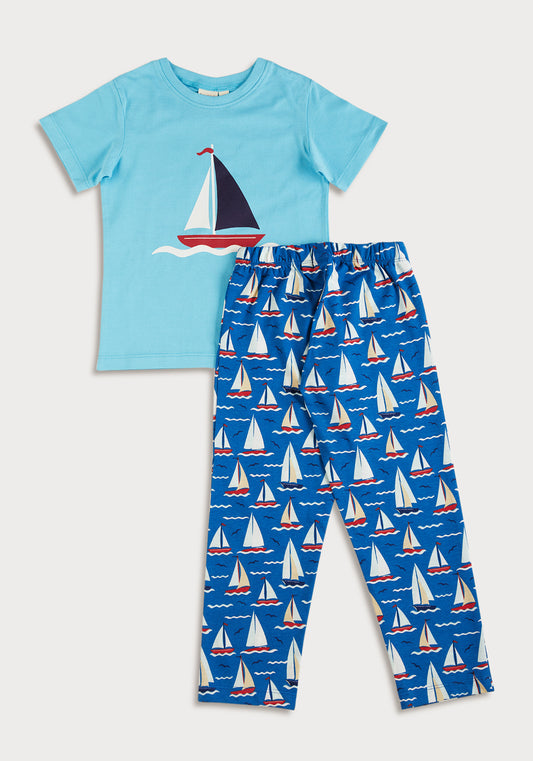 RED, BLUE AND WHITE BOAT PRINT SHORT SLEEVE PAJAMA SET