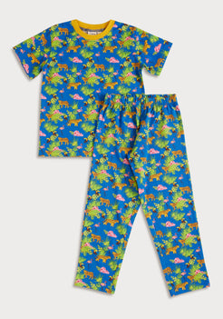 BLUE, YELLOW AND BLACK SAFARI PRINT SHORT SLEEVE PAJAMA SET