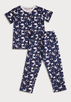 BLUE  AND MULTICOLOR UNICORN PRINT SHORT SLEEVE PAJAMA SET