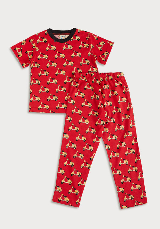 RED, YELLOW AND BLACK SCOOTER PRINT SHORT SLEEVE PAJAMA SET