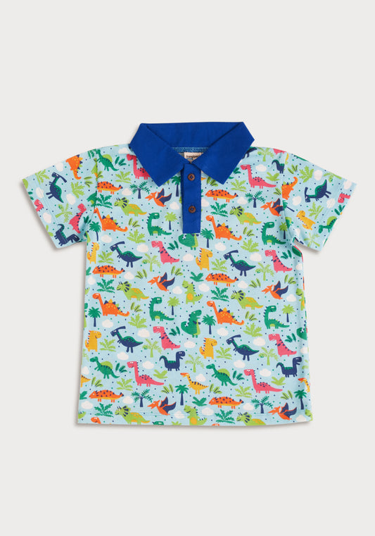 RED, BLUE AND GREEN DINOSAUR PRINT POLO T-SHIRT