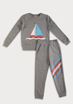 Grey Melange Terry Sweatshirt with Boat Print