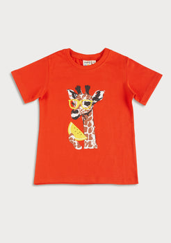 RED, YELLOW AND ORANGE GIRAFFE PLACEMENT PRINT Short Sleeve Tee