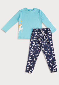 BLUE AND MULTICOLOR UNICORN PRINT Tees + Track Pants