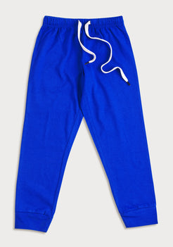 BLUE, YELLOW AND BLACK CONSTRUCTION PRINT KNITTED PANTS