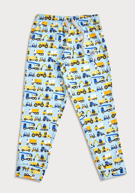 BLUE, YELLOW AND BLACK CONSTRUCTION PRINT KNITTED PANTS