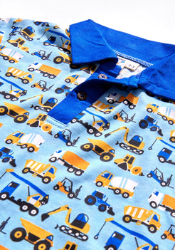 BLUE, BLACK AND YELLOW CONSTRUCTION PRINT POLO T-SHIRT