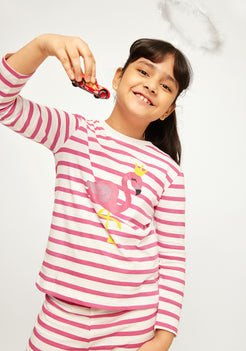 STRIPE AND FLAMINGO PRINT LONG SLEEVE PAJAMA SET