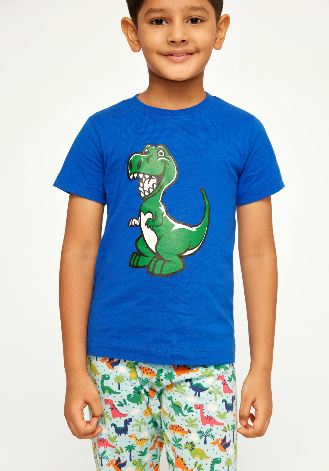 RED, BLUE AND GREEN DINOSAUR PRINT Short sleeve tee plus pant in knit