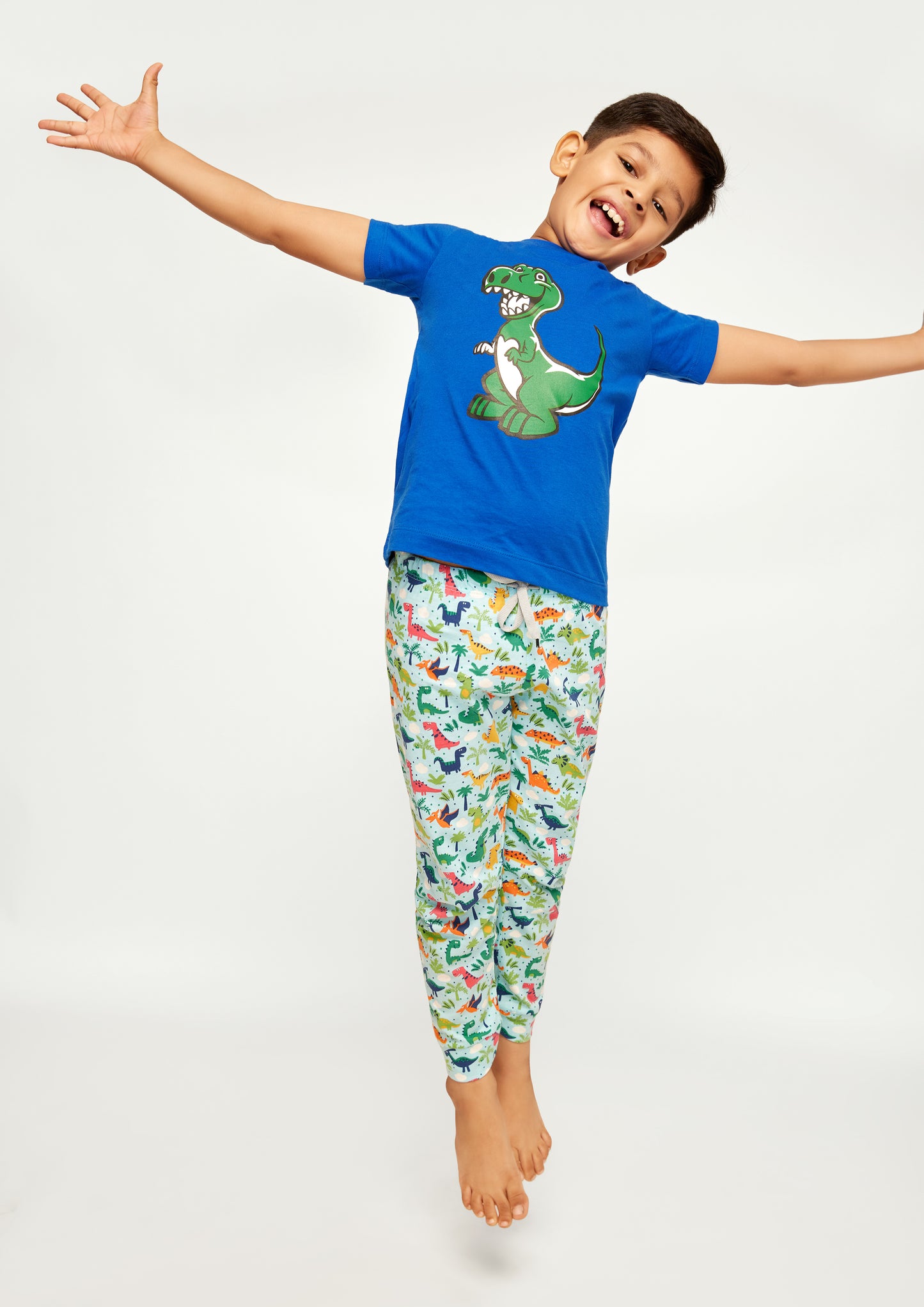 RED, BLUE AND GREEN DINOSAUR PRINT Short sleeve tee plus pant in knit