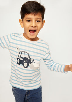 AQUA STRIPE WITH CONSTRUCTION PLACEMENT PRINT TEE