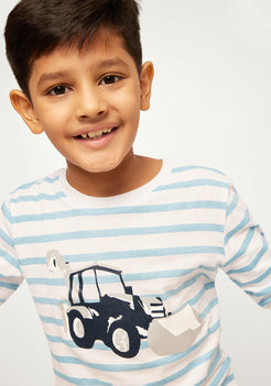 AQUA STRIPE WITH CONSTRUCTION PLACEMENT PRINT TEE