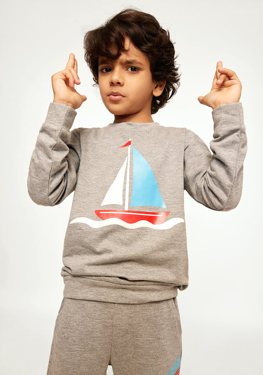 Grey Melange Terry Sweatshirt with Boat Print