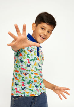 RED, BLUE AND GREEN DINOSAUR PRINT POLO T-SHIRT
