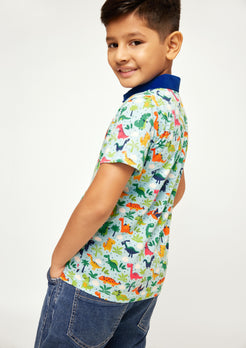 RED, BLUE AND GREEN DINOSAUR PRINT POLO T-SHIRT