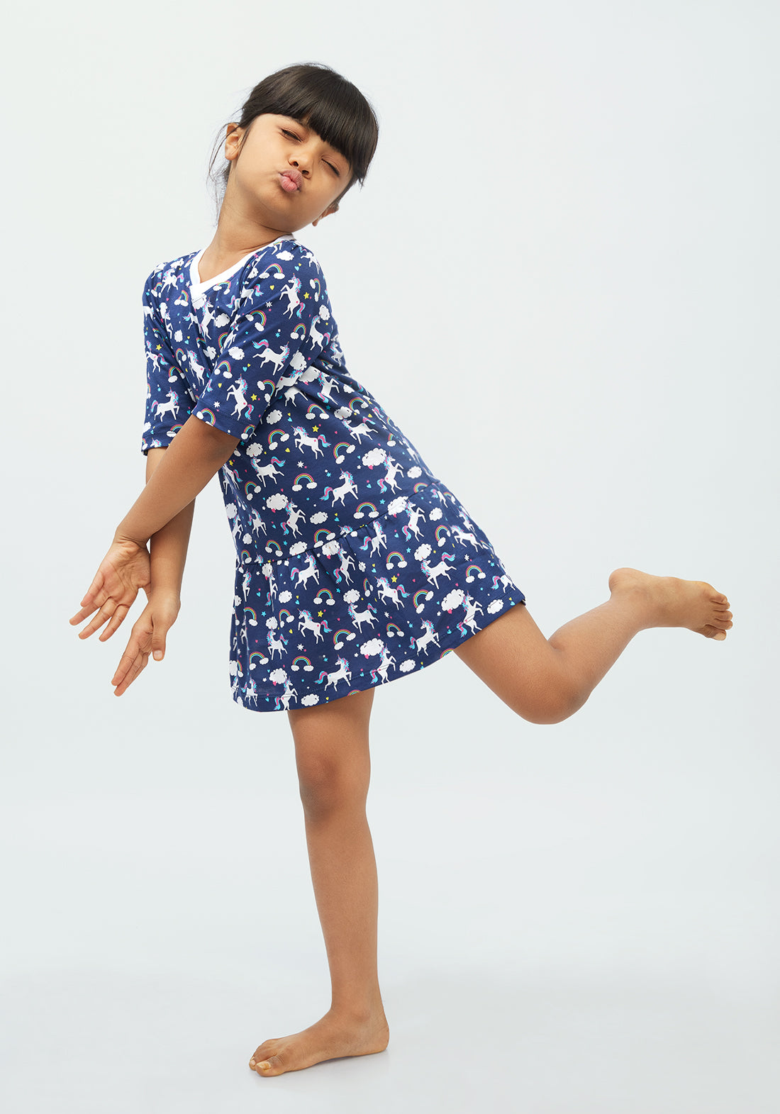 BLUE AND MULTICOLOR UNICORN PRINT FIT AND FLARED Short SLEEVE DRESS