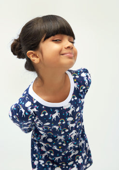 BLUE AND MULTICOLOR UNICORN PRINT FIT AND FLARED Short SLEEVE DRESS