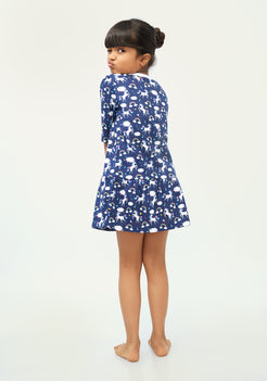 BLUE AND MULTICOLOR UNICORN PRINT FIT AND FLARED Short SLEEVE DRESS